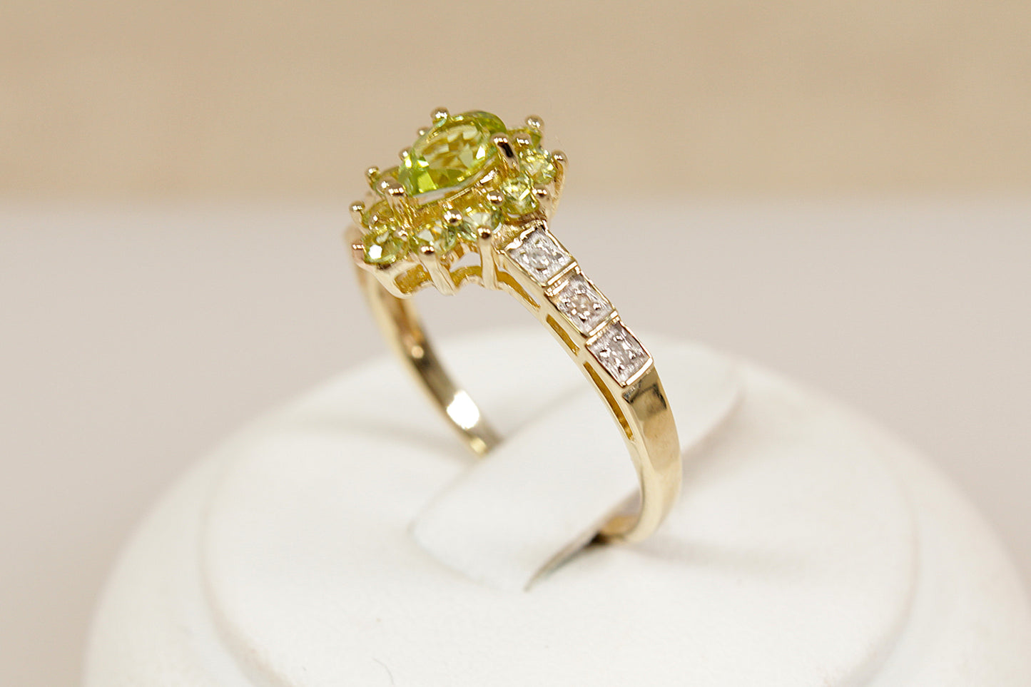 Peridot and Diamond Halo Gold Ring