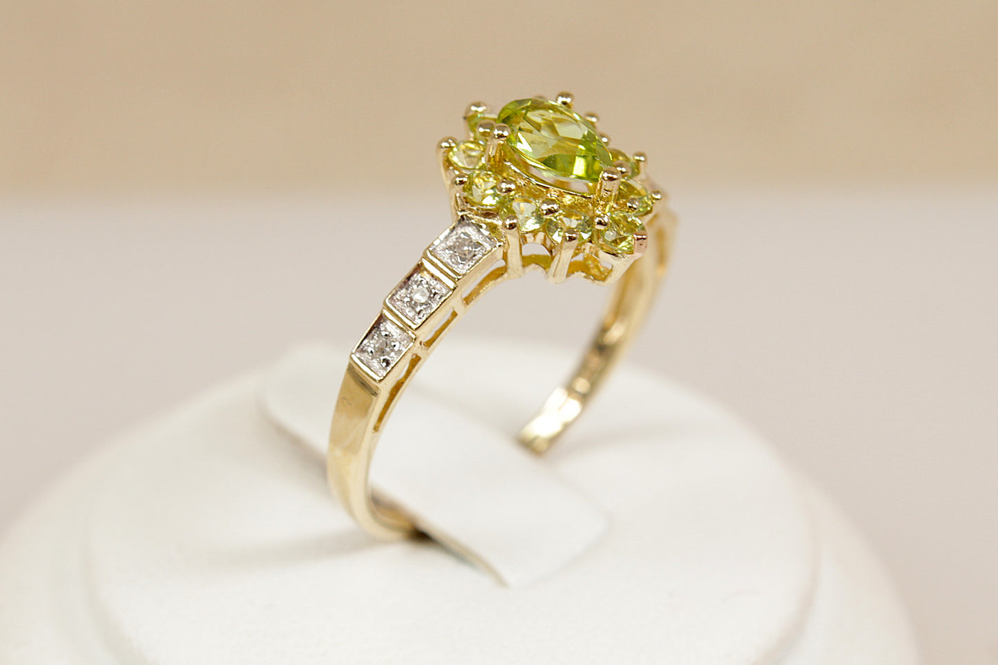 Peridot and Diamond Halo Gold Ring