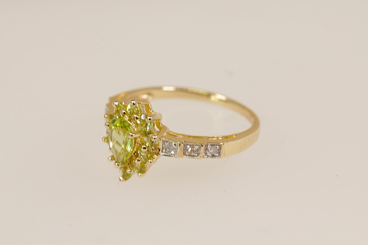 Peridot and Diamond Halo Gold Ring