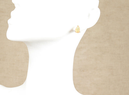A pair of 9ct gold stud earrings with pear-shaped fire jelly opals displayed on a mannequin head.