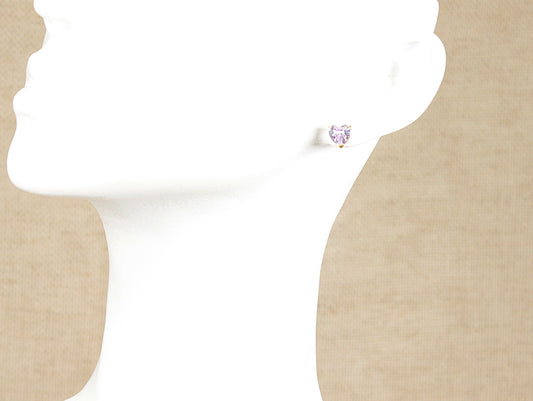 A pair of 9ct gold heart-shaped amethyst crystal stud earrings displayed on a mannequin head.
