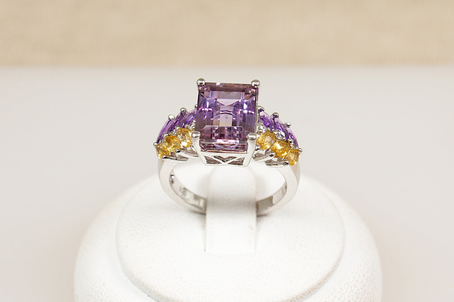 A Silver Amethyst, Citrine and Crystal Statement Ring.