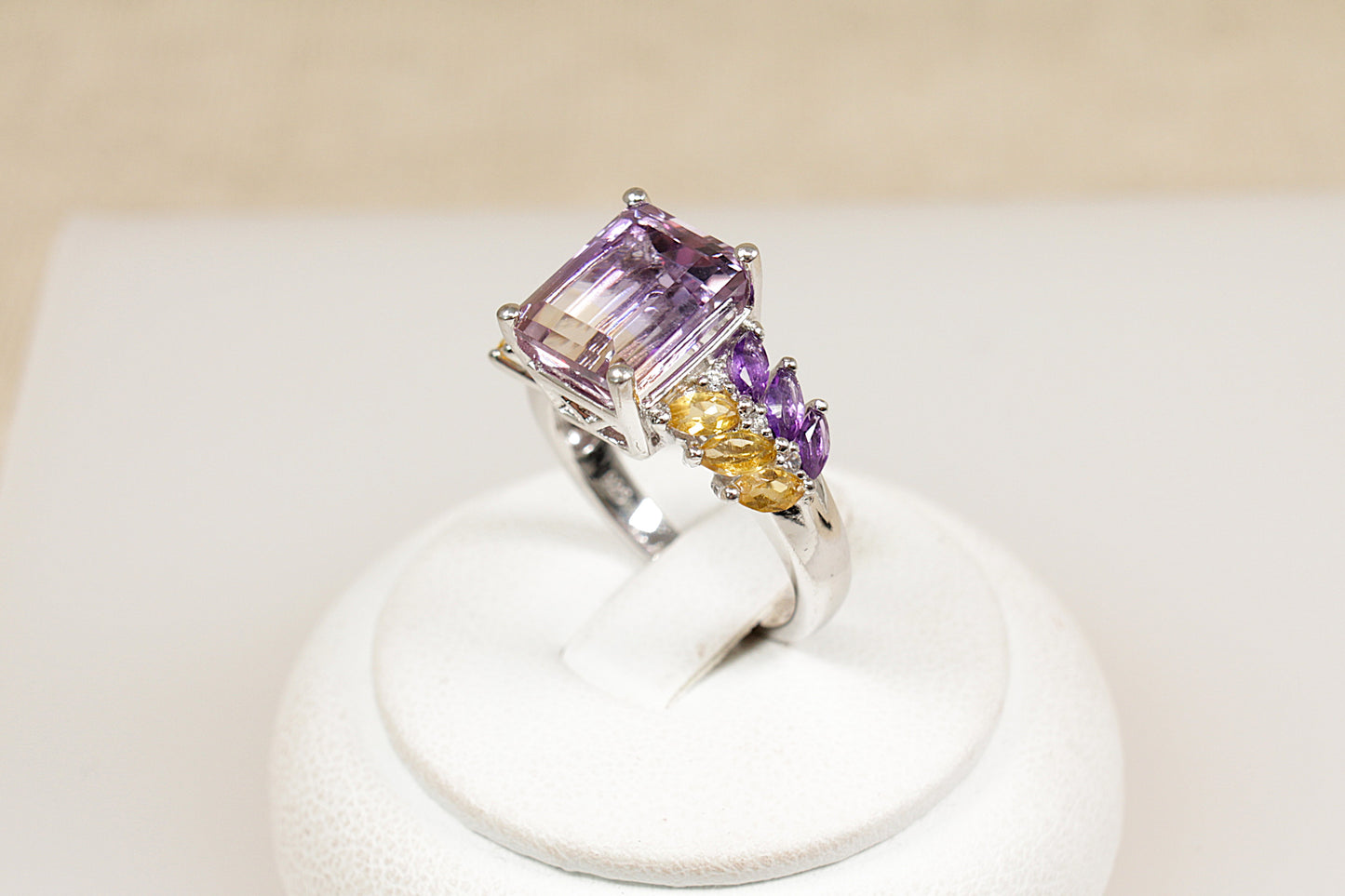 A Silver Amethyst, Citrine and Crystal Statement Ring.