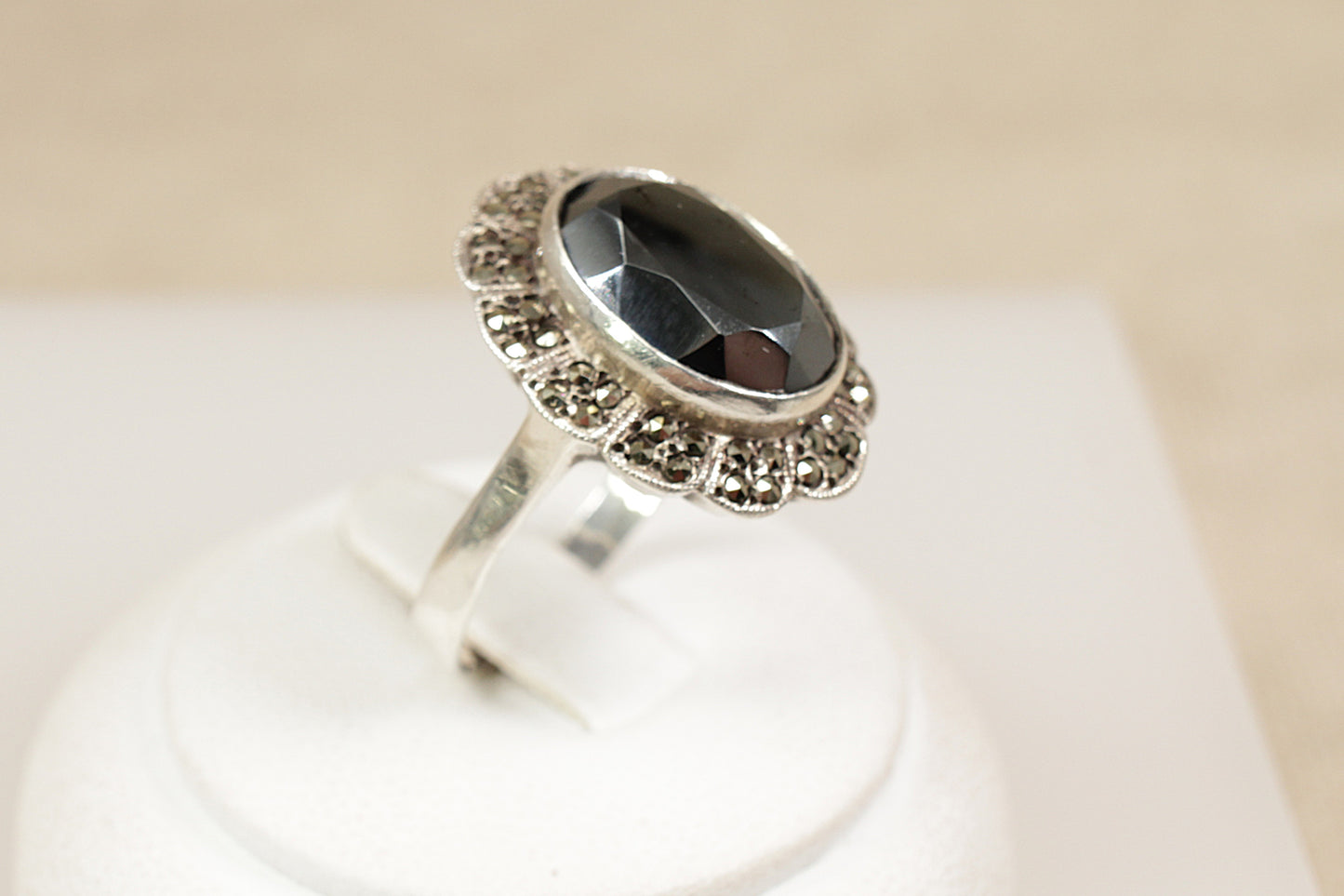 Art Deco Silver Hematite and Marcasite Ring