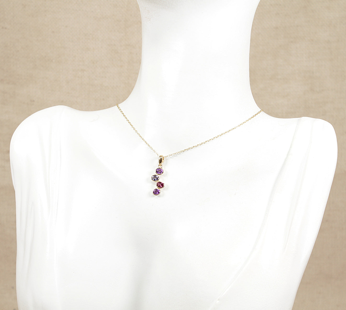 9ct Gold Almandine Garnet, Blue Iolite, Amethyst Pendant and Chain Necklace