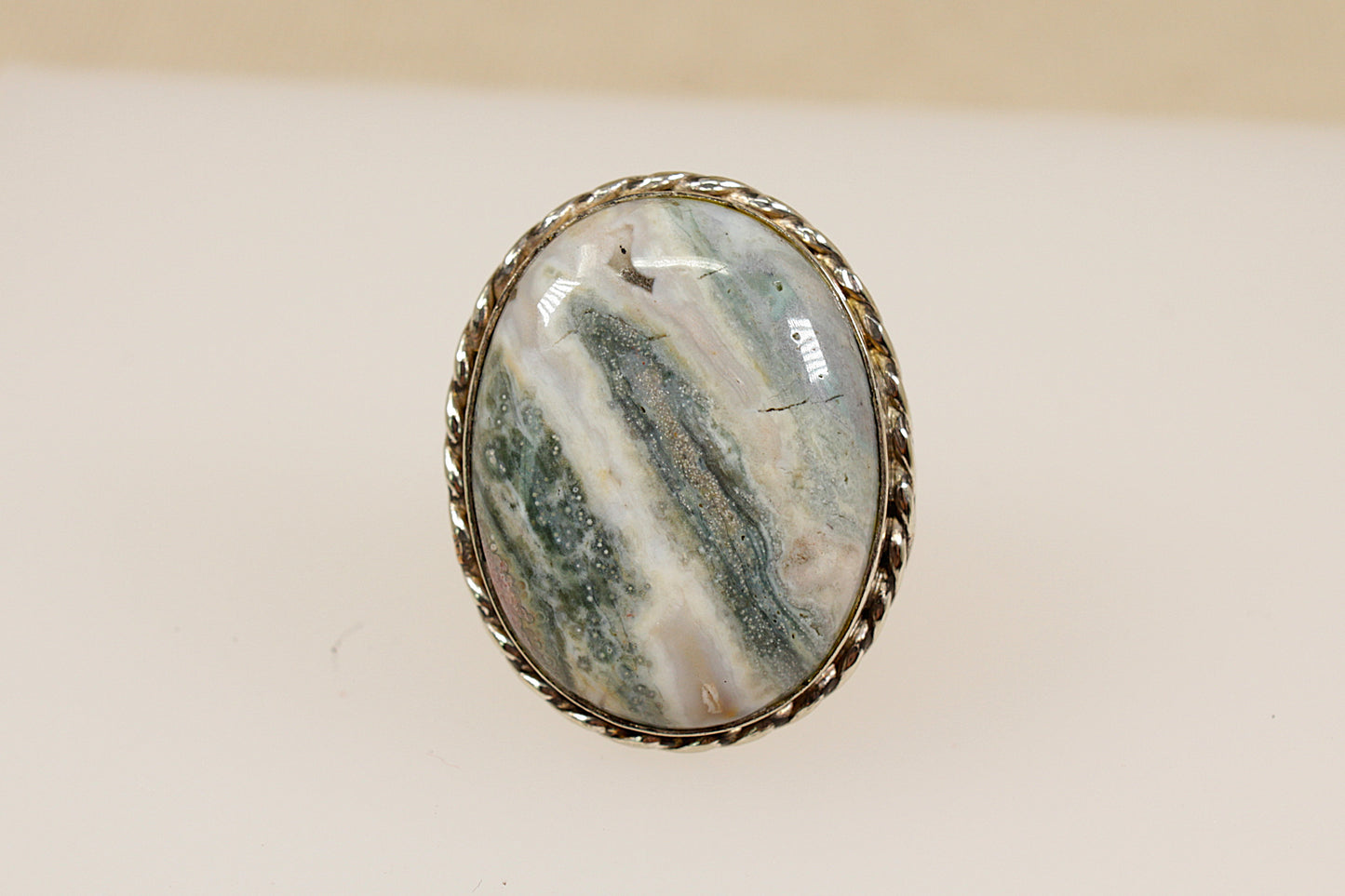 Silver Grey Banded Agate Statement Ring