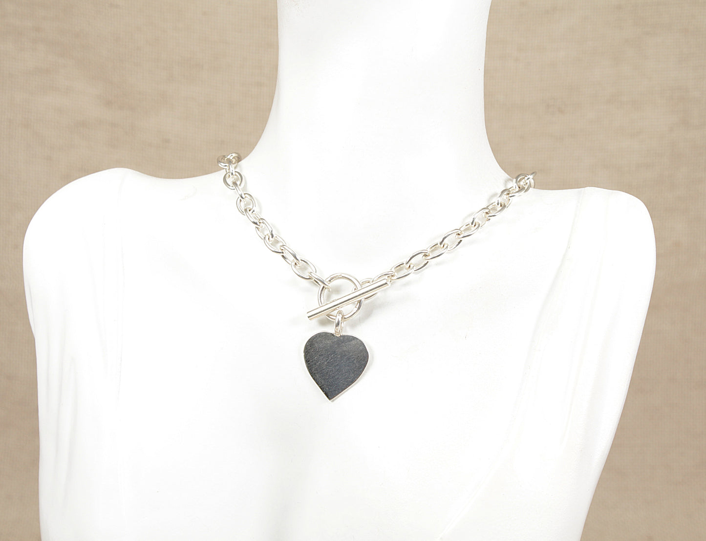 Silver Belcher Chain Necklace with 'T' Bar Fastening and Heart Charm