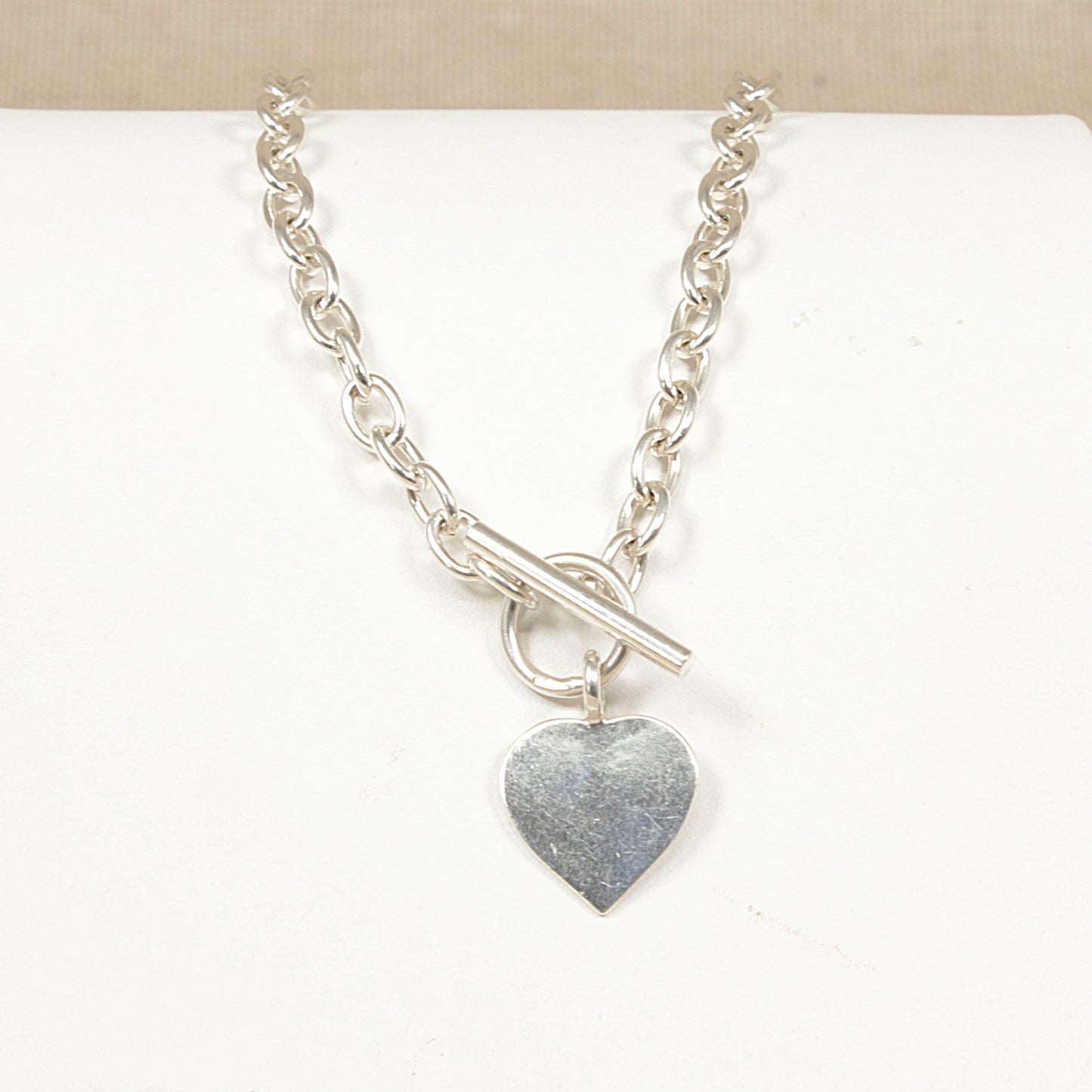 Silver Belcher Chain Necklace with 'T' Bar Fastening and Heart Charm