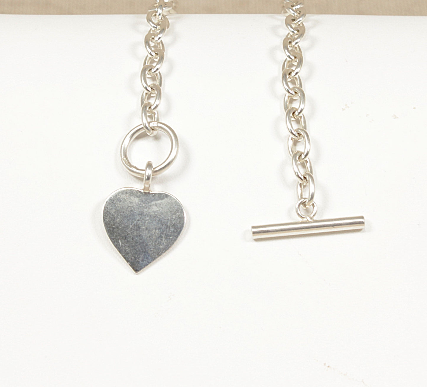 Silver Belcher Chain Necklace with 'T' Bar Fastening and Heart Charm