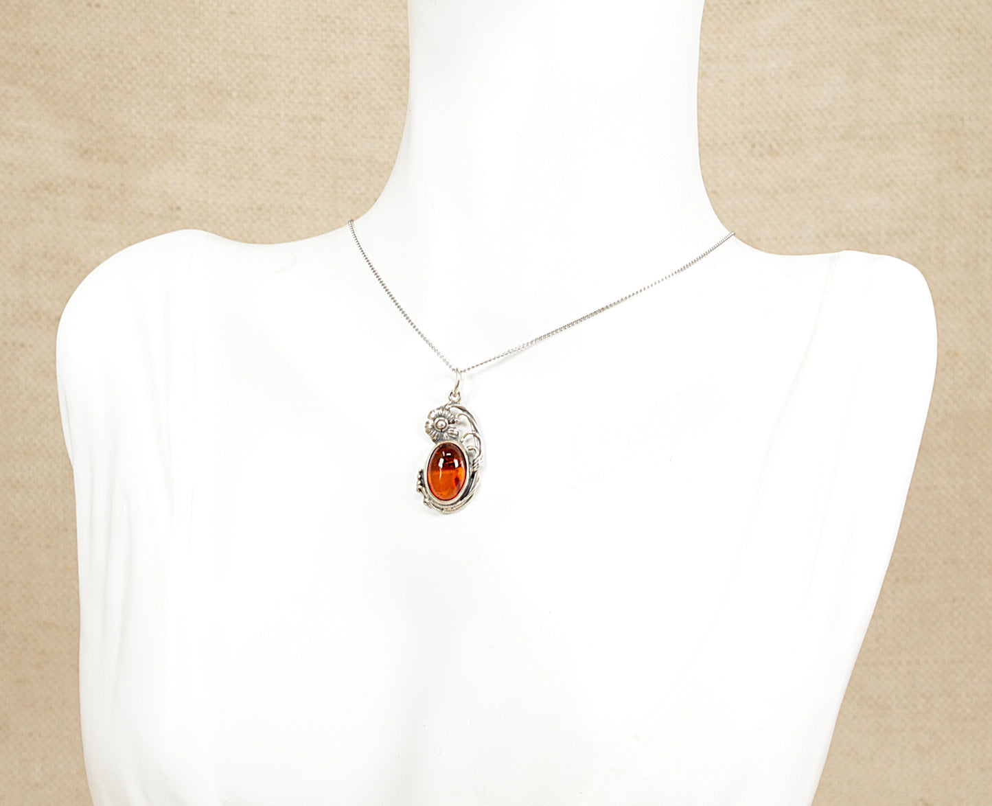 Silver and Amber Art Nouveau style Pendant Necklace