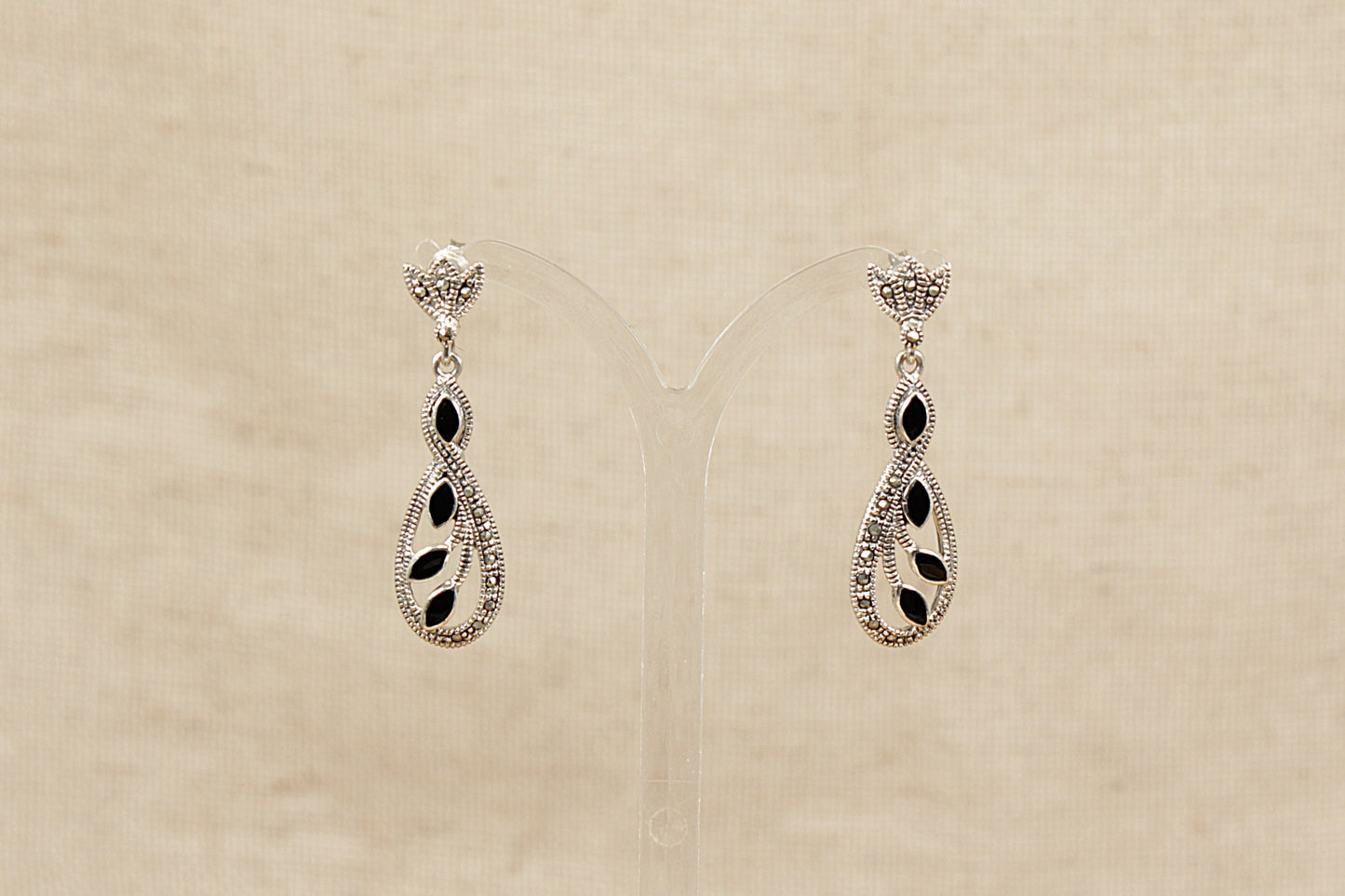 Silver Onyx and Marcasite Dropper Earrings