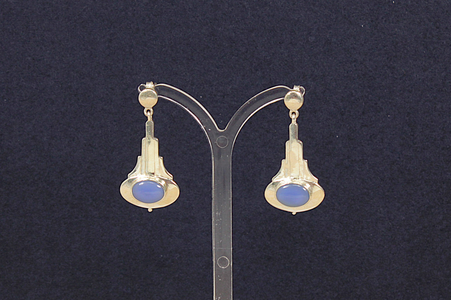 Silver and Blue Chalcedony Art Deco Style Earrings