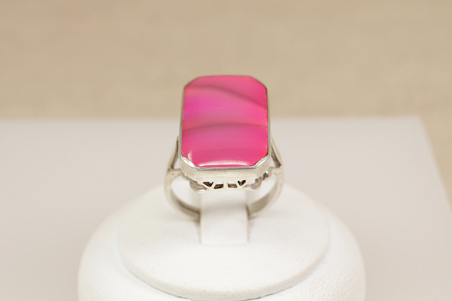 Silver Pink Banded Agate Statement Ring