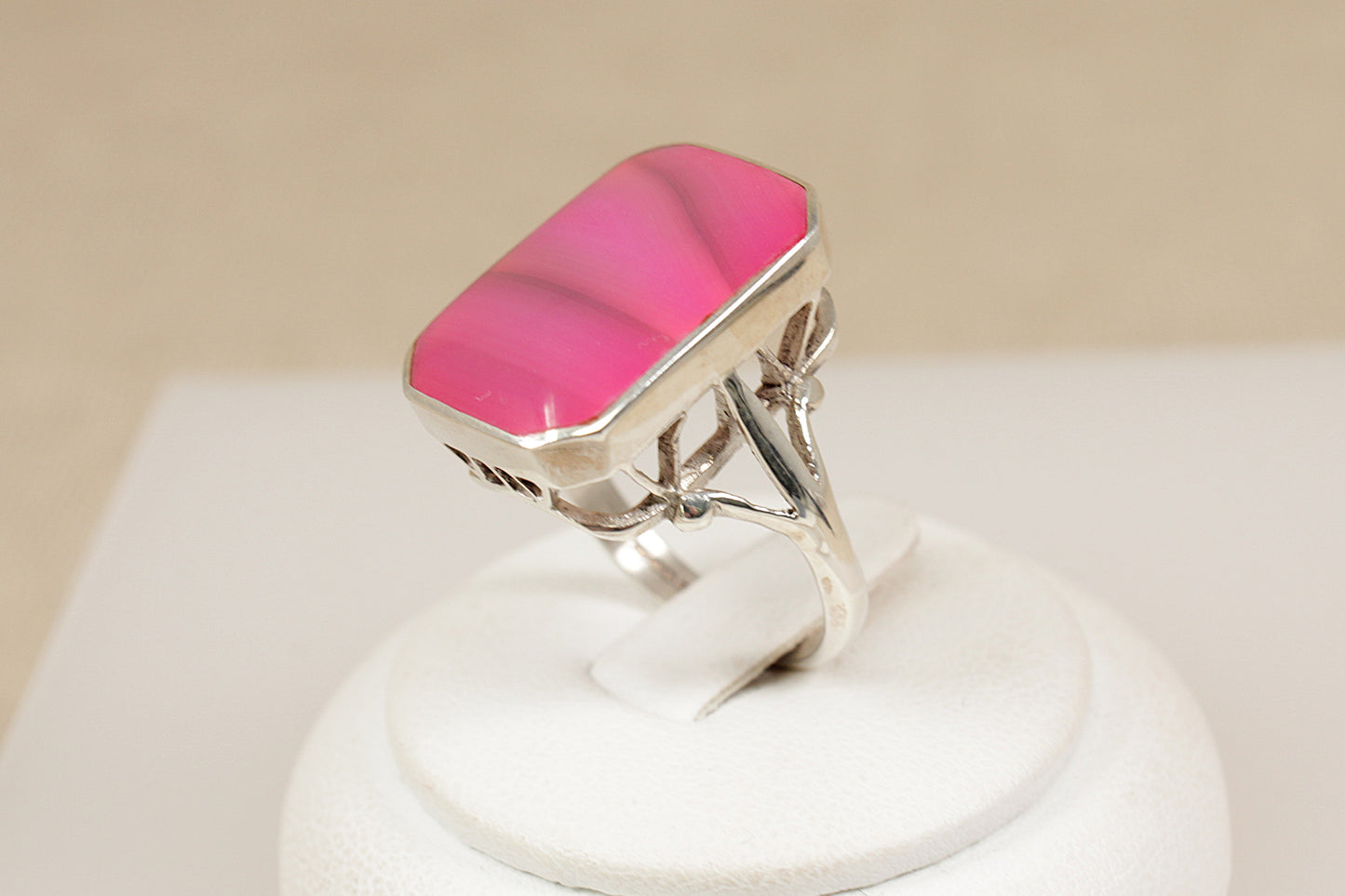 Silver Pink Banded Agate Statement Ring