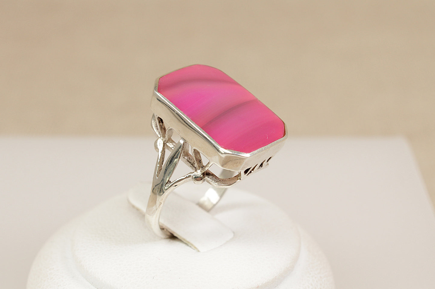 Silver Pink Banded Agate Statement Ring