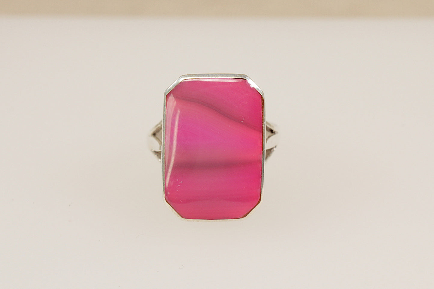 Silver Pink Banded Agate Statement Ring