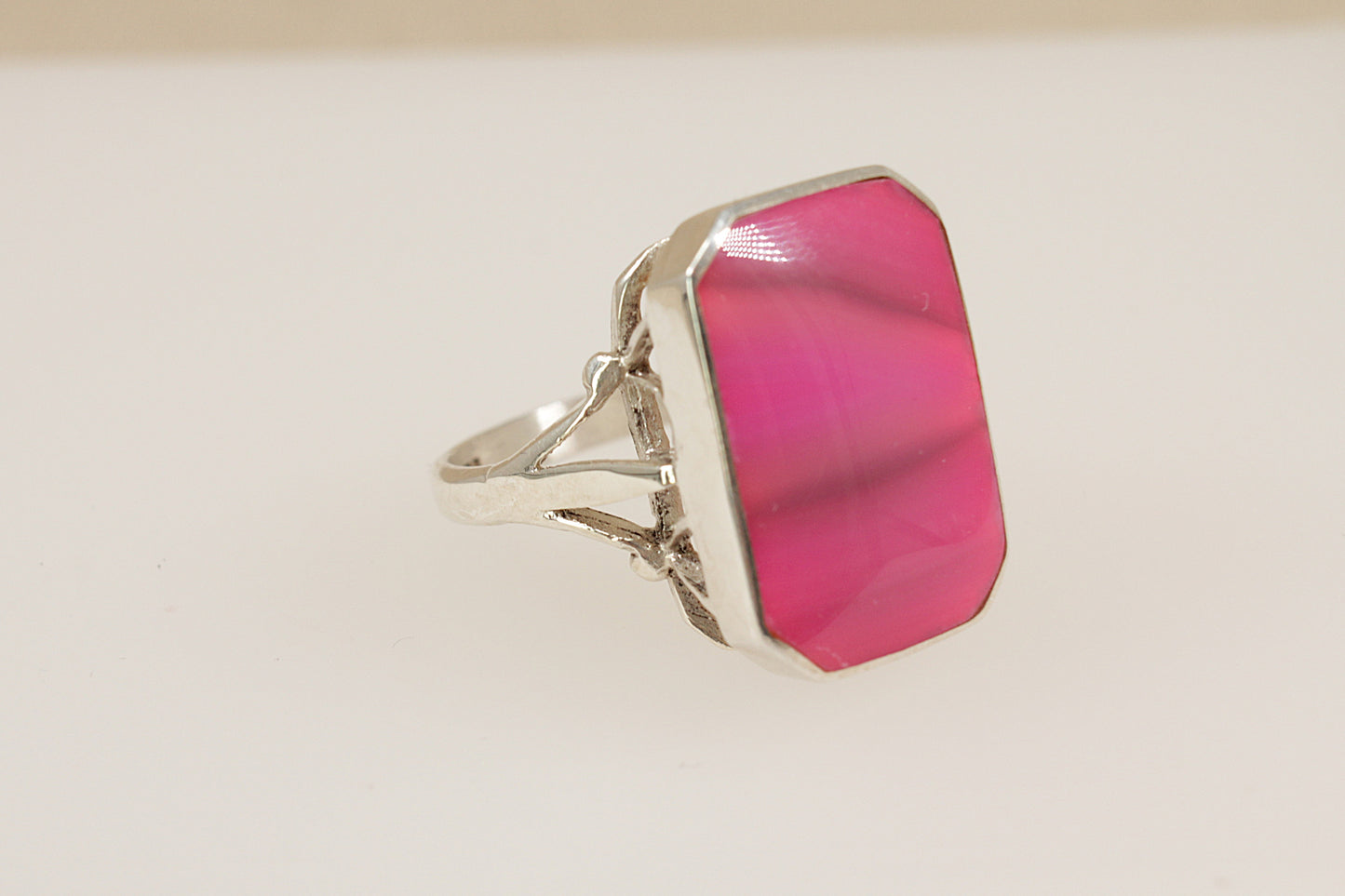 Silver Pink Banded Agate Statement Ring
