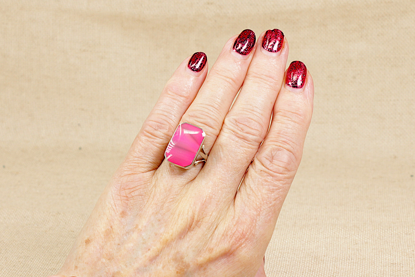 Silver Pink Banded Agate Statement Ring