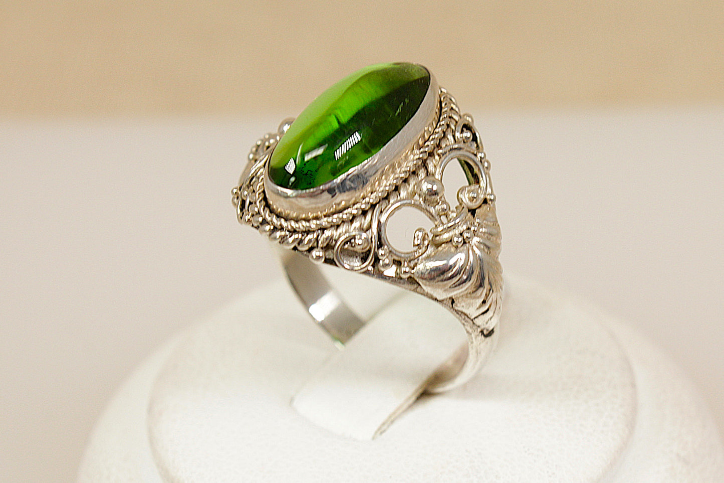 Sterling Silver Green Crystal Statement Ring