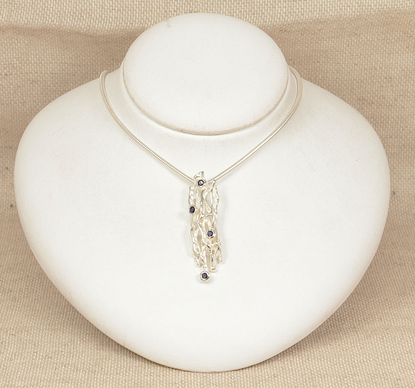 Silver Sapphire ‘Brutalist’ Style Pendant and Chain Necklace