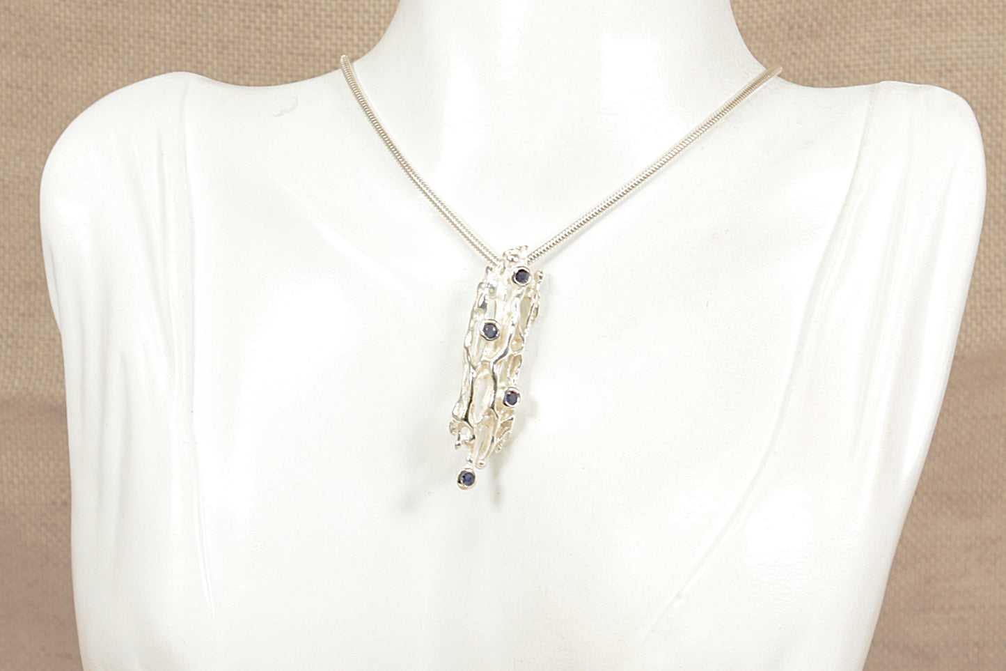Silver Sapphire ‘Brutalist’ Style Pendant and Chain Necklace