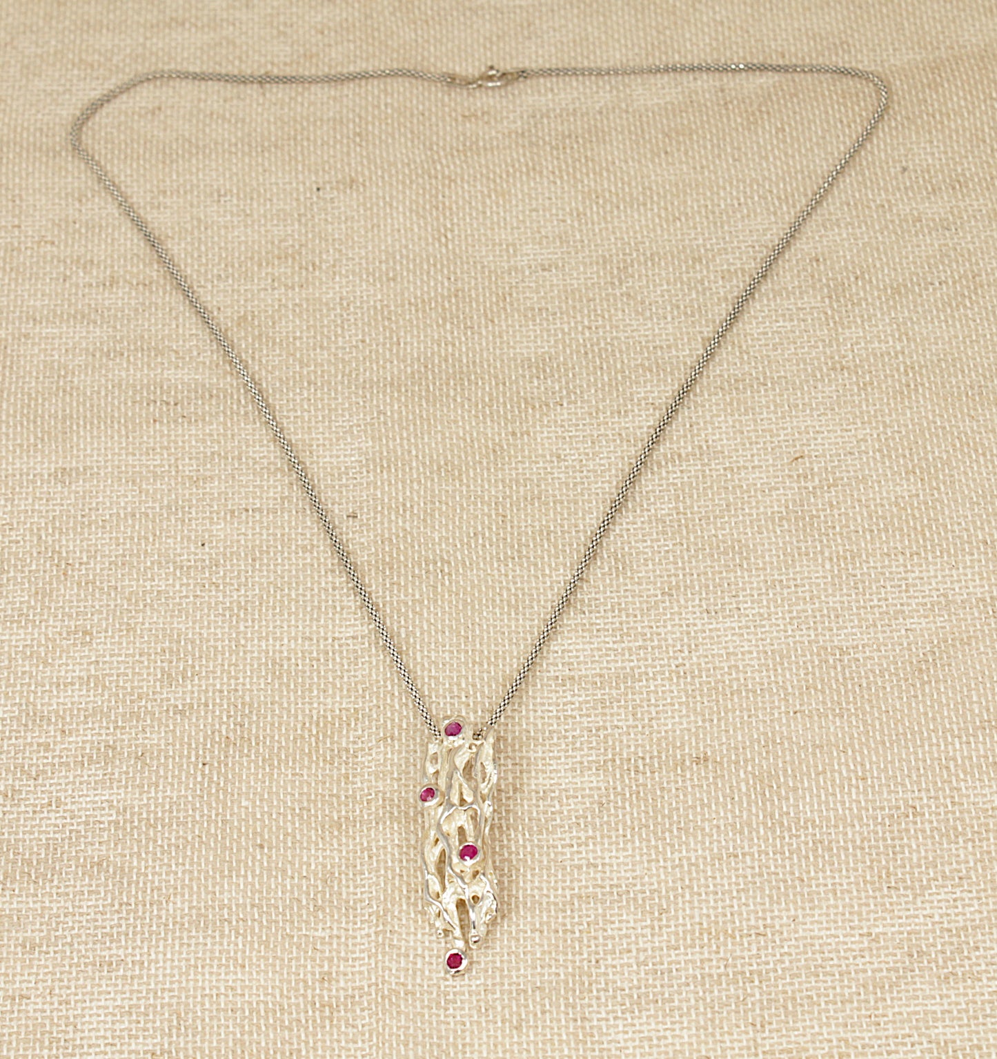 Silver, Ruby ‘Brutalist Style Pendant and Chain Necklace