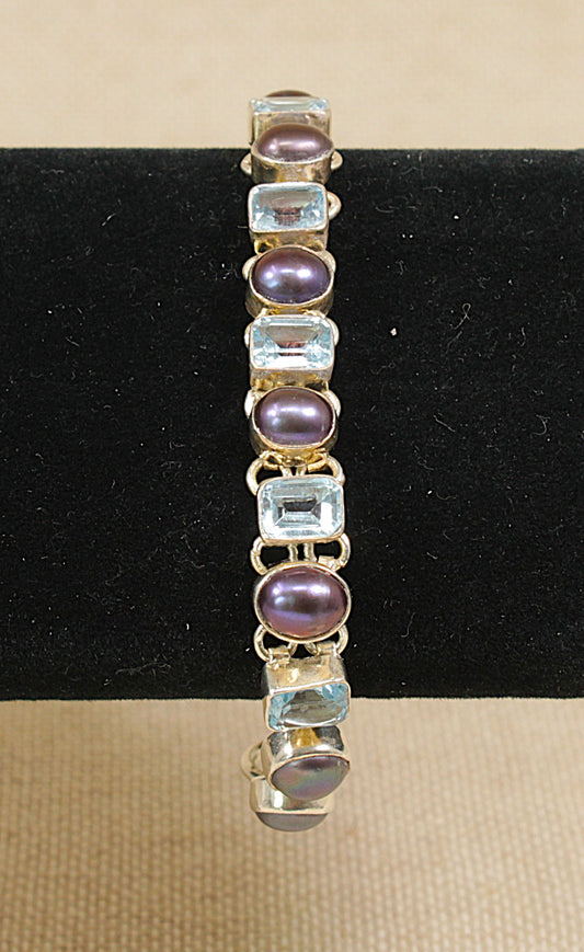 Silver Blue Topaz and Cultured Pearl Bracelet