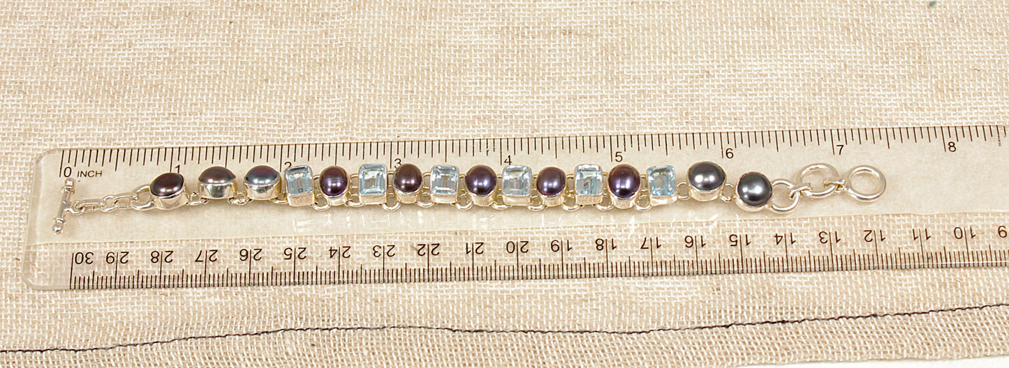 Silver Blue Topaz and Cultured Pearl Bracelet