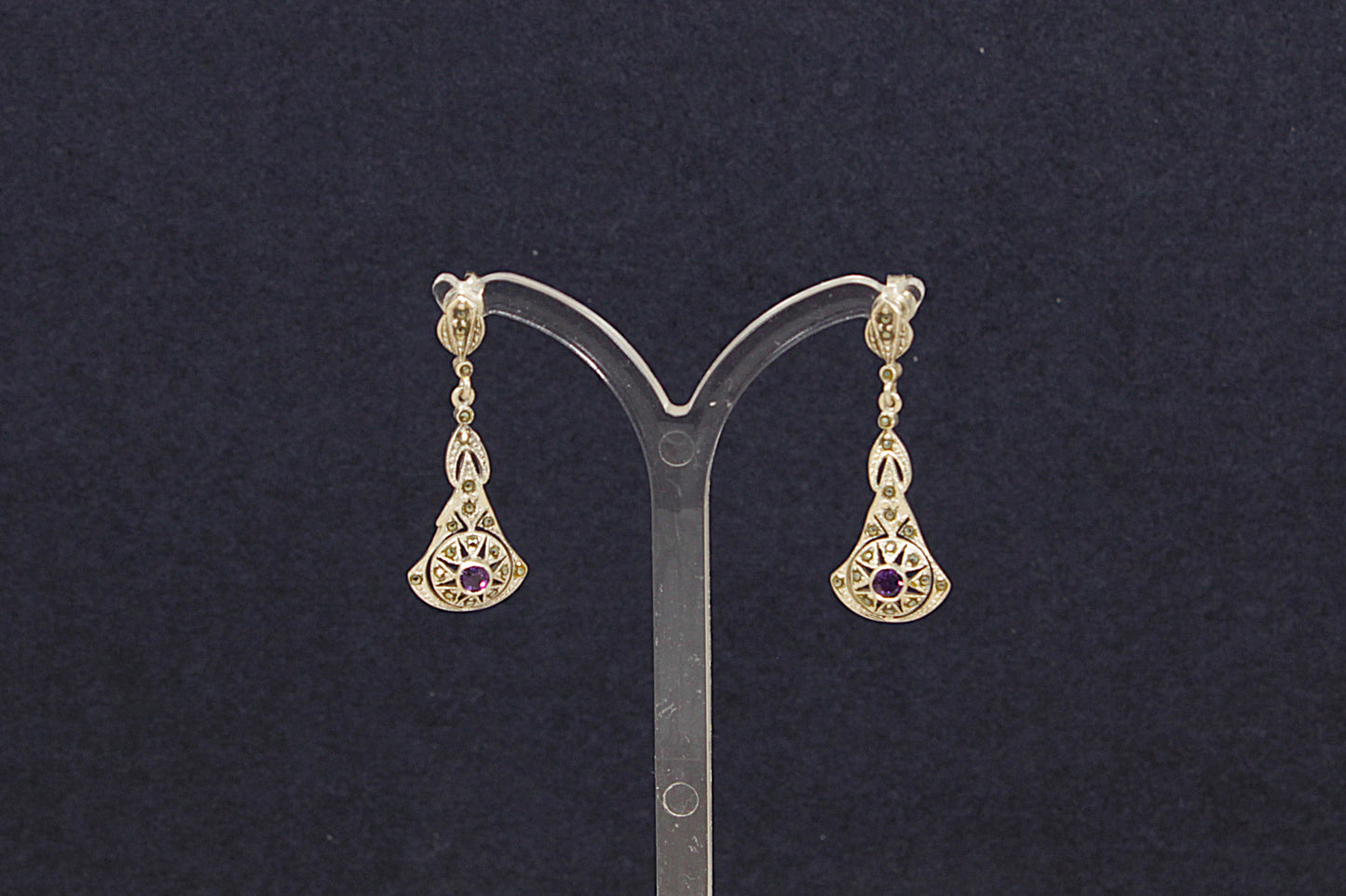 Silver Art Deco Style Marcasite and Amethyst Drop Earrings