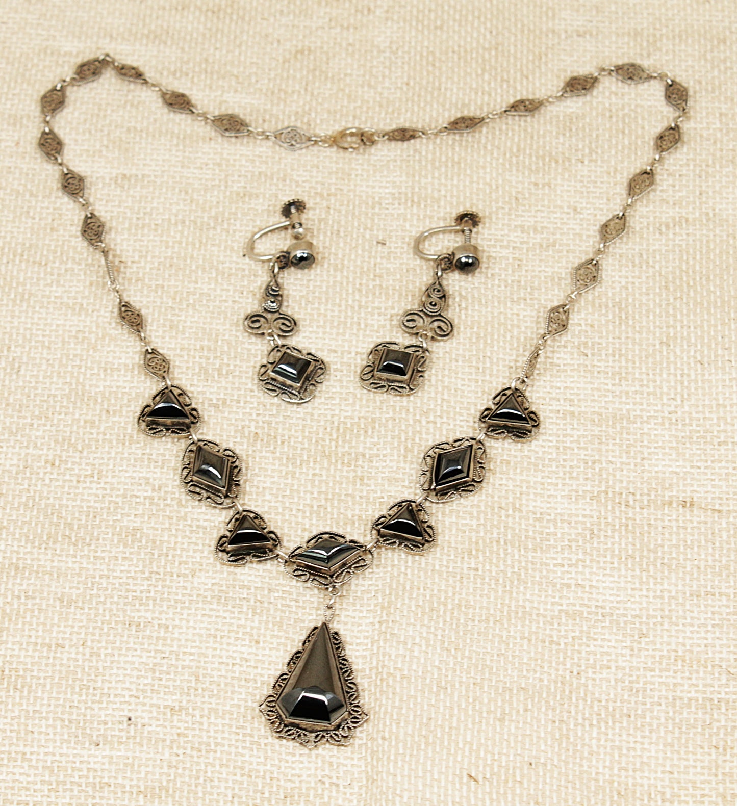 Vintage Silver Hematite Necklace and Earring Jewellery Set