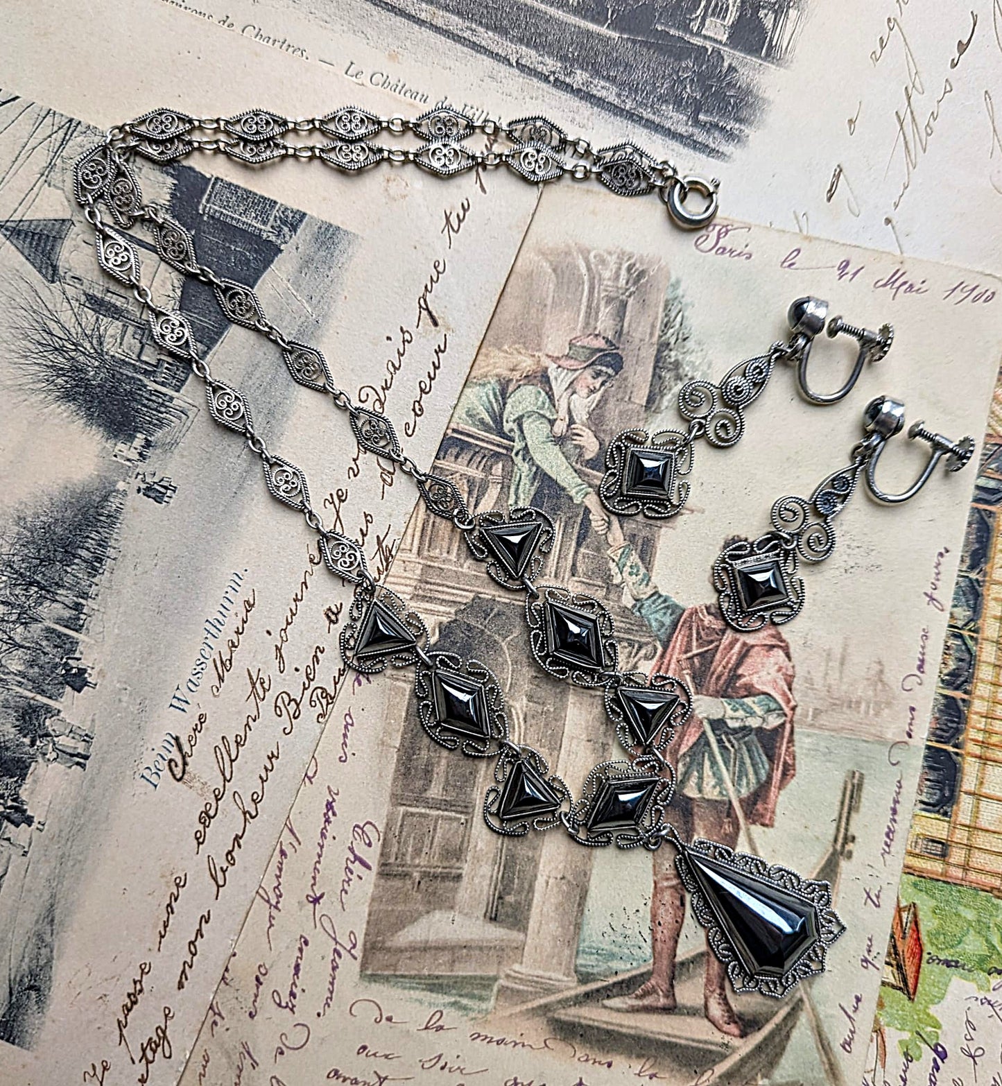 Vintage Silver Hematite Necklace and Earring Jewellery Set