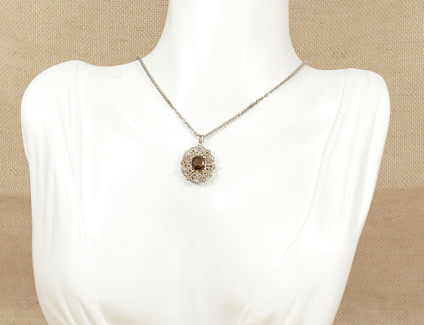 Vintage Italian Silver, Golden Zircon Ornate Pendant and Chain Necklace
