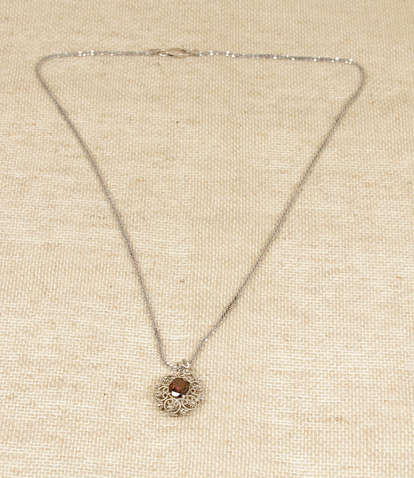 Vintage Italian Silver, Golden Zircon Ornate Pendant and Chain Necklace