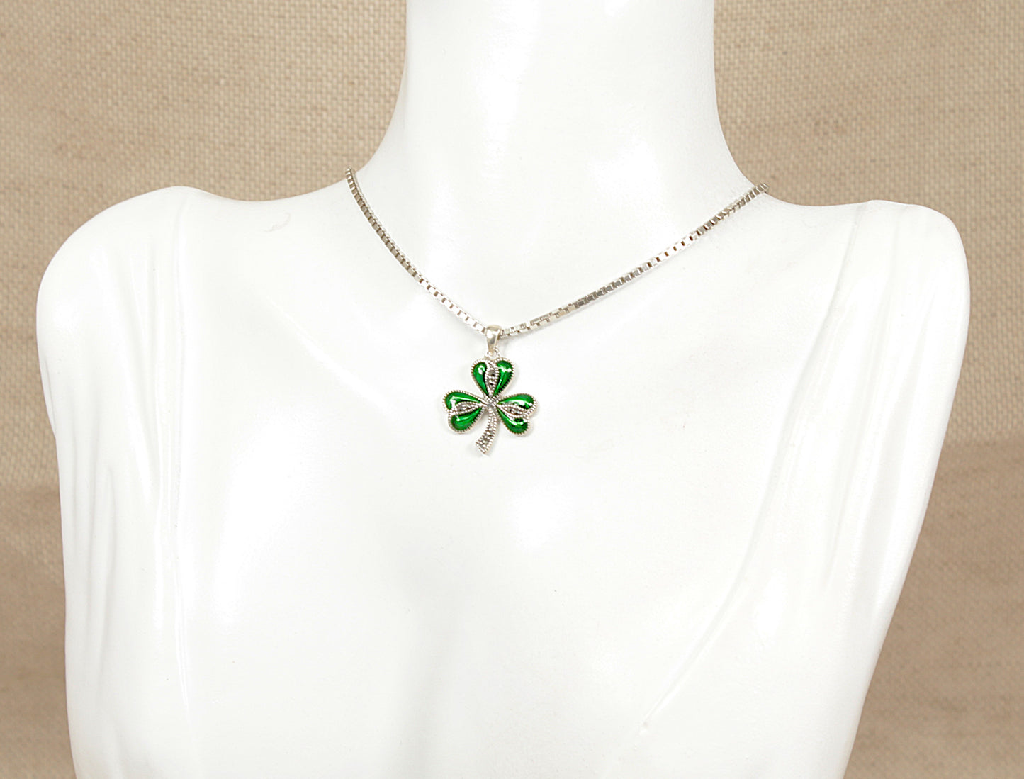 Silver Green Enamel, Marcasite, Irish Shamrock Clover Pendant and Chain by Solvar