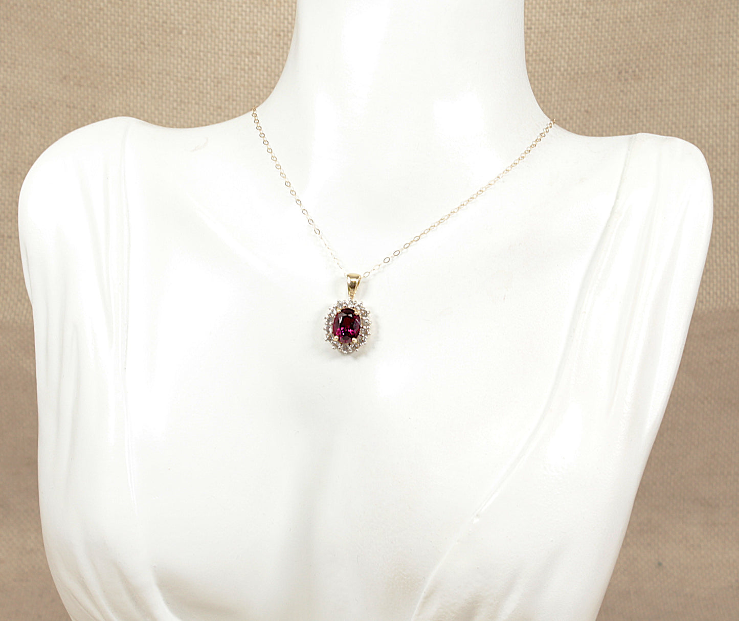 9ct Gold Almandine Garnet, White Topaz Pendant & Chain Necklace