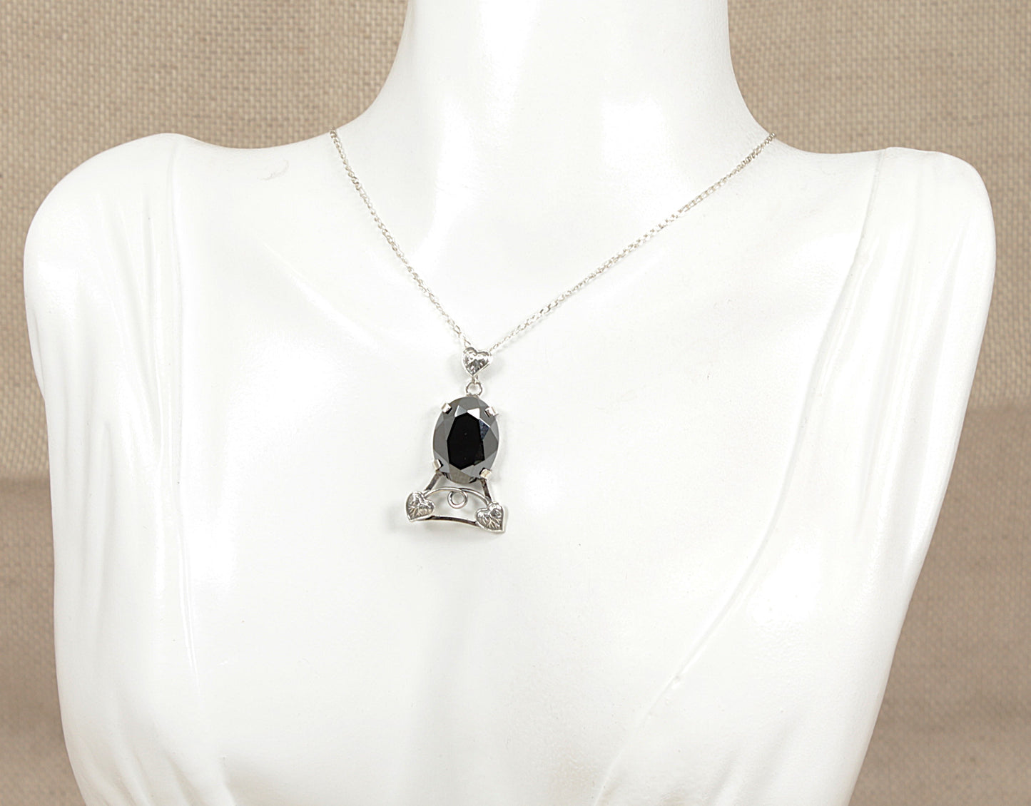 Antique Art Nouveau Large Hematite Pendant and Chain Necklace