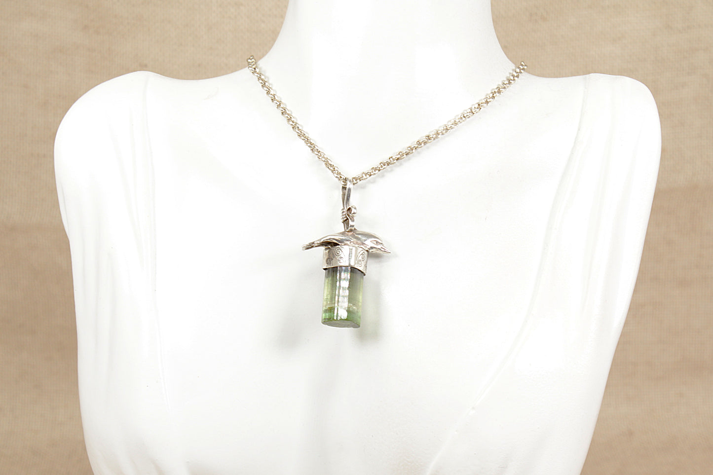 Vintage Silver and Tourmaline Designer Dolphin Pendant and Chain Necklace