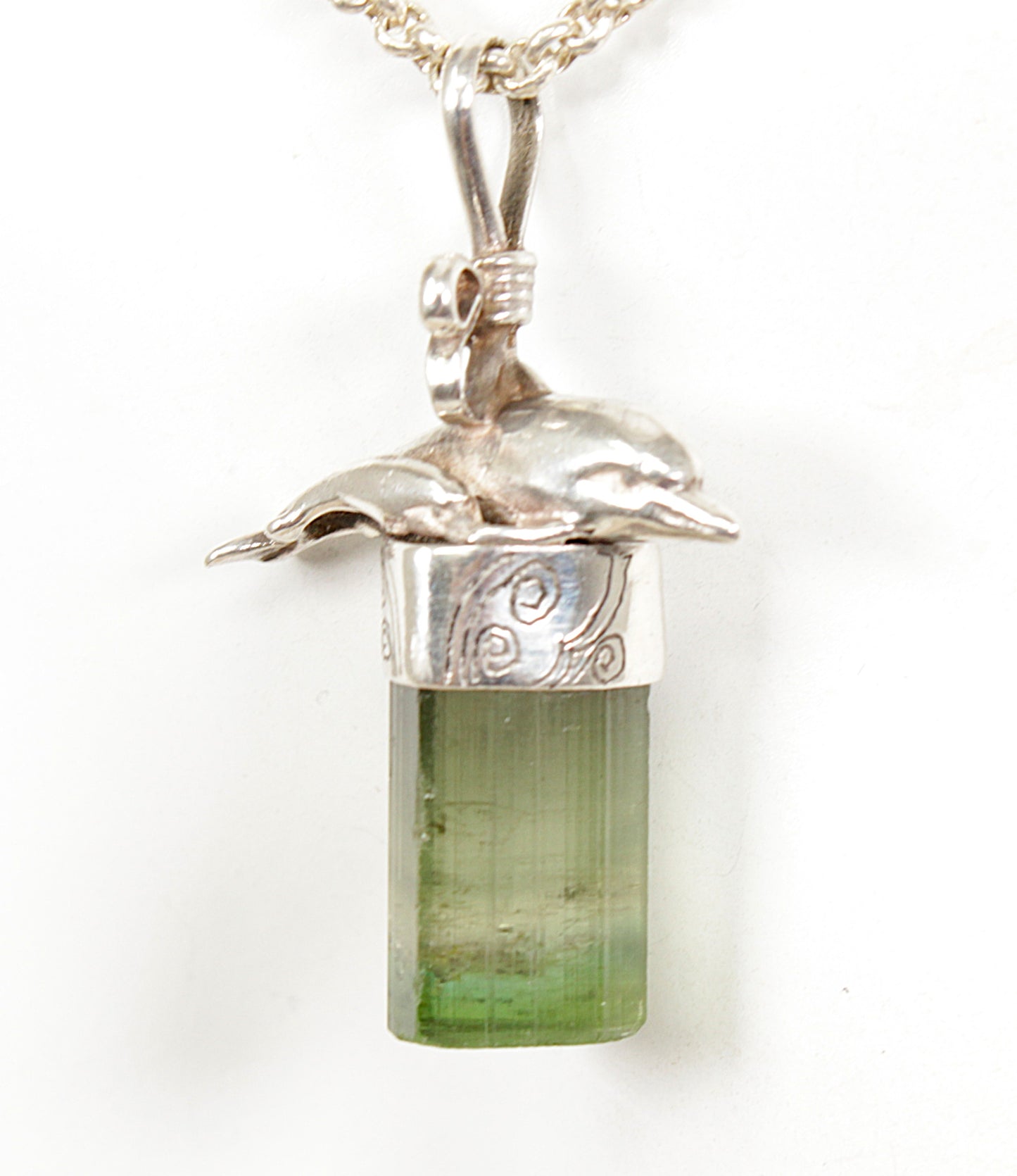 Vintage Silver and Tourmaline Designer Dolphin Pendant and Chain Necklace