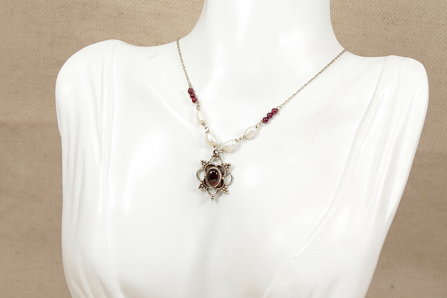 Silver Garnet and Fresh Water Pearl Necklace