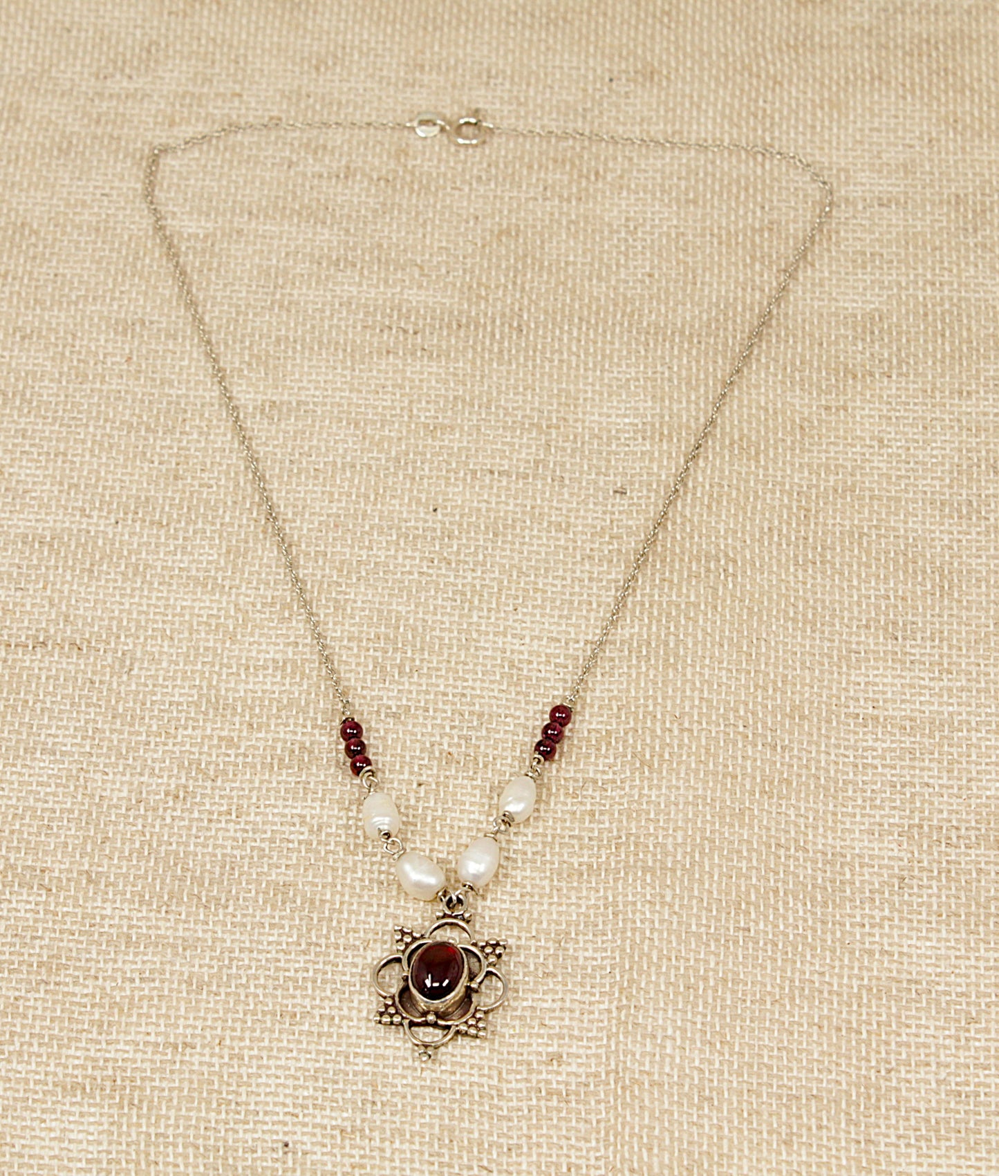Silver Garnet and Fresh Water Pearl Necklace