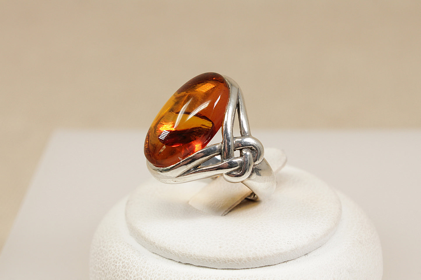 Silver Amber Celtic Design Ring