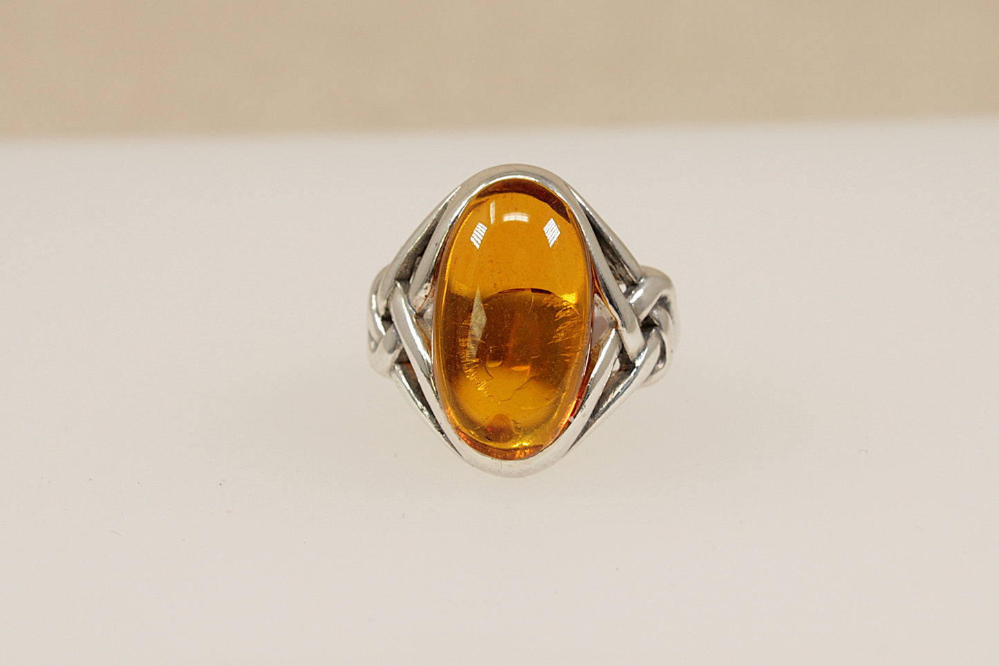 Silver Amber Celtic Design Ring