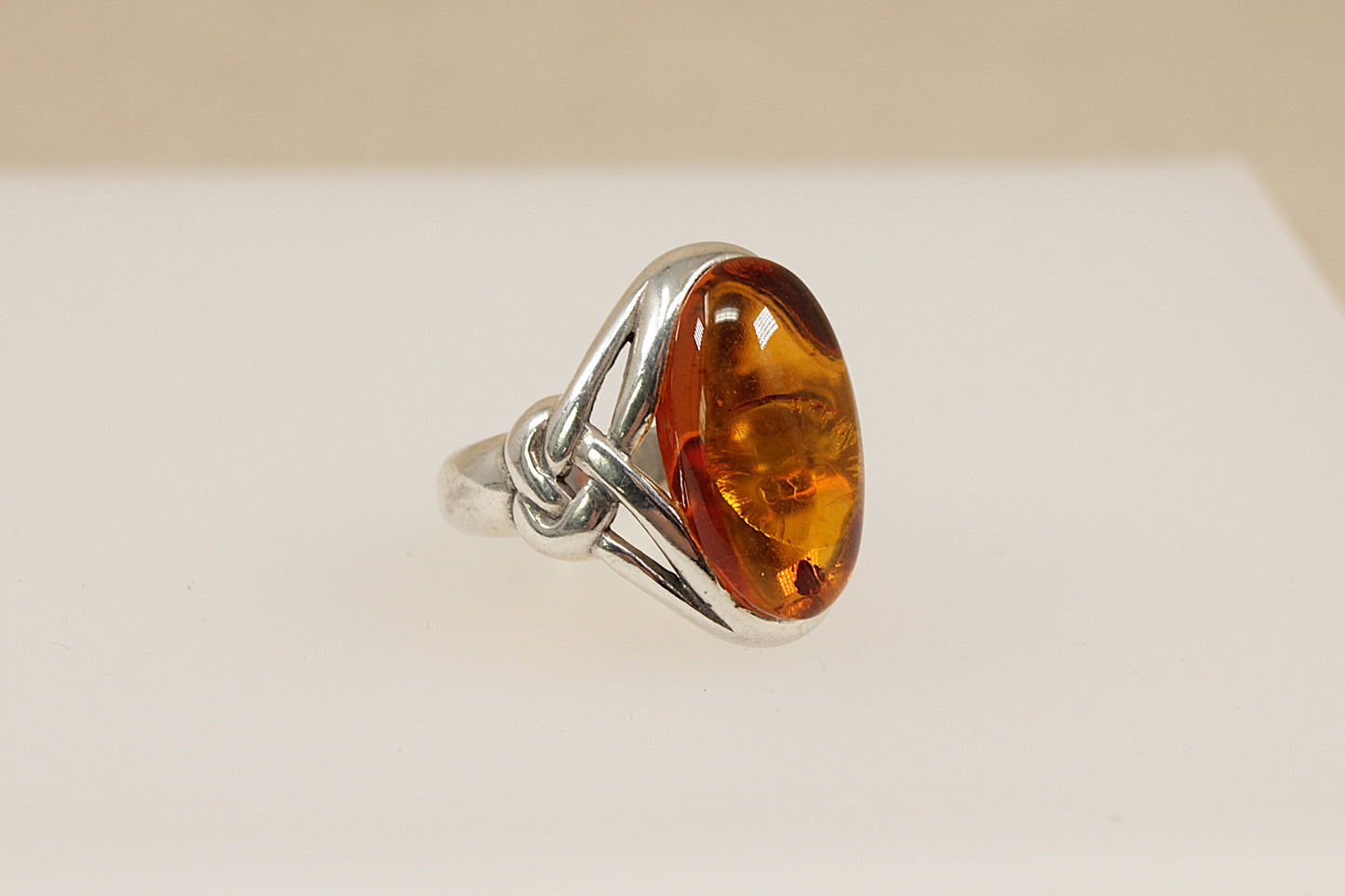 Silver Amber Celtic Design Ring