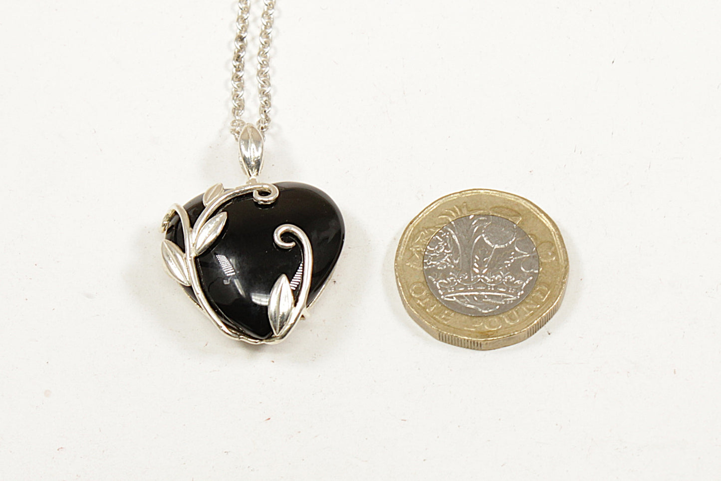 Silver Art Nouveau Style Onyx Heart Pendant and Chain Necklace