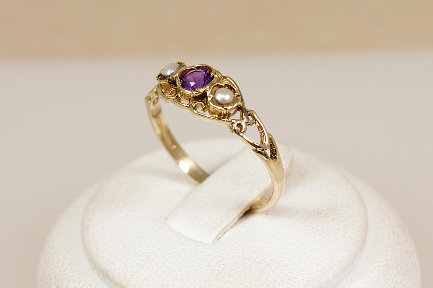 9ct Gold Amethyst and Seed Pearl Trilogy Ring