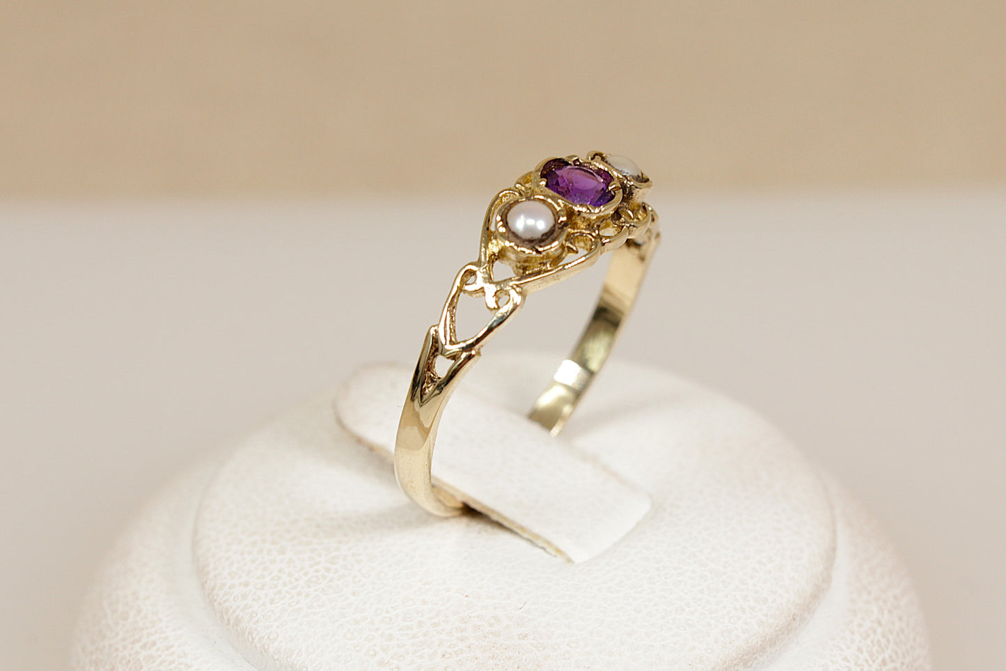9ct Gold Amethyst and Seed Pearl Trilogy Ring