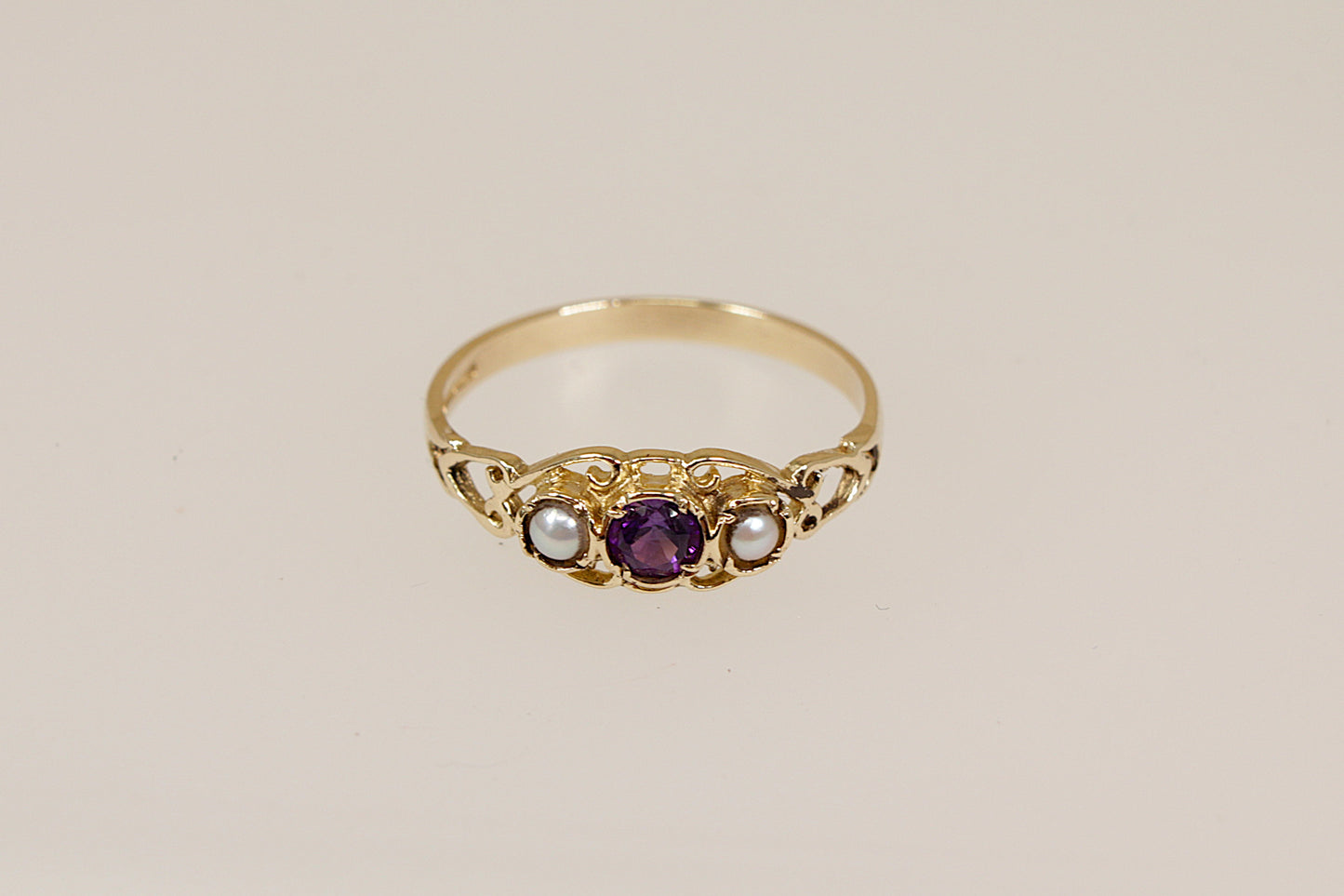 9ct Gold Amethyst and Seed Pearl Trilogy Ring