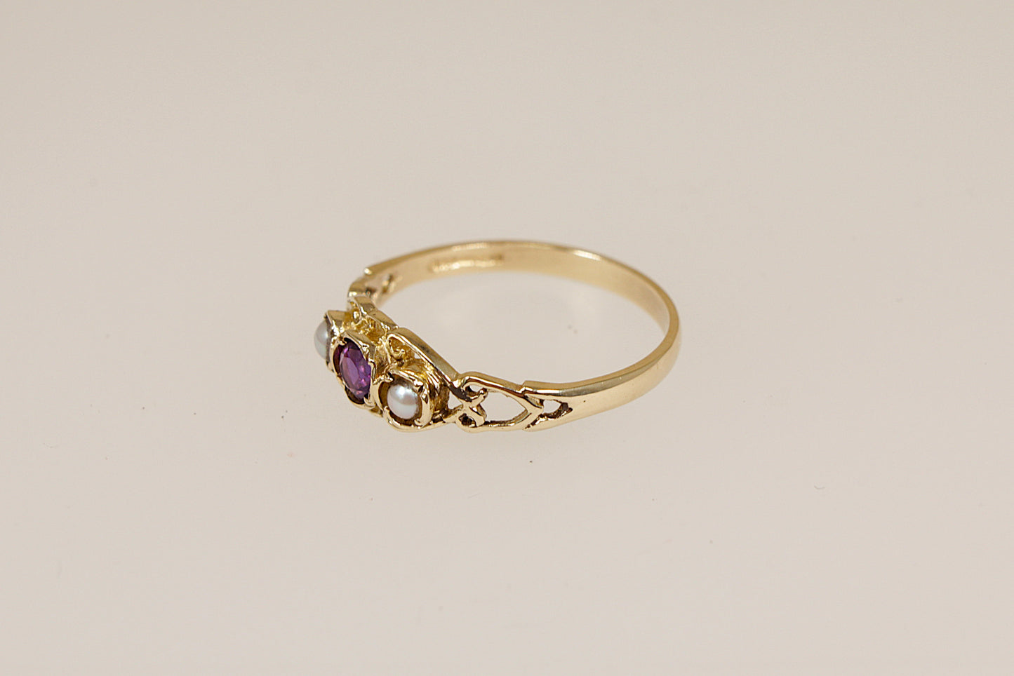 9ct Gold Amethyst and Seed Pearl Trilogy Ring