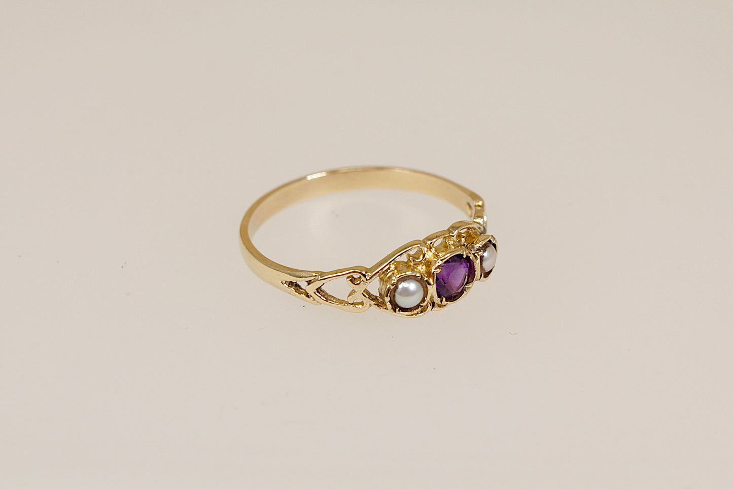 9ct Gold Amethyst and Seed Pearl Trilogy Ring