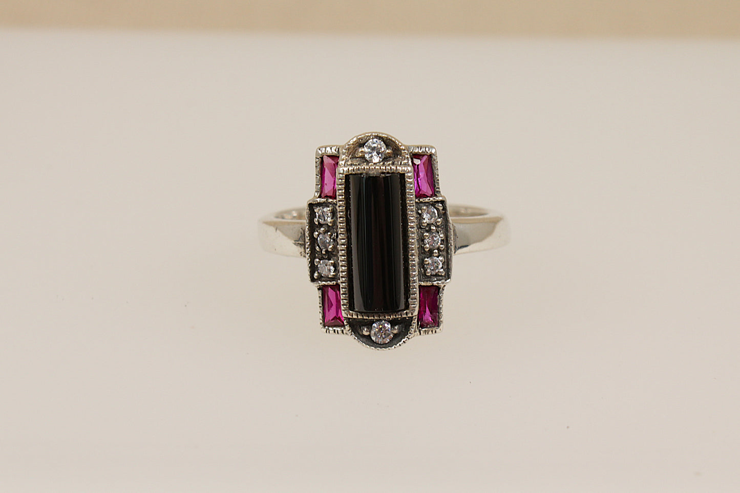 Silver Art Deco Style Onyx, Marcasite and Red Stone Ring